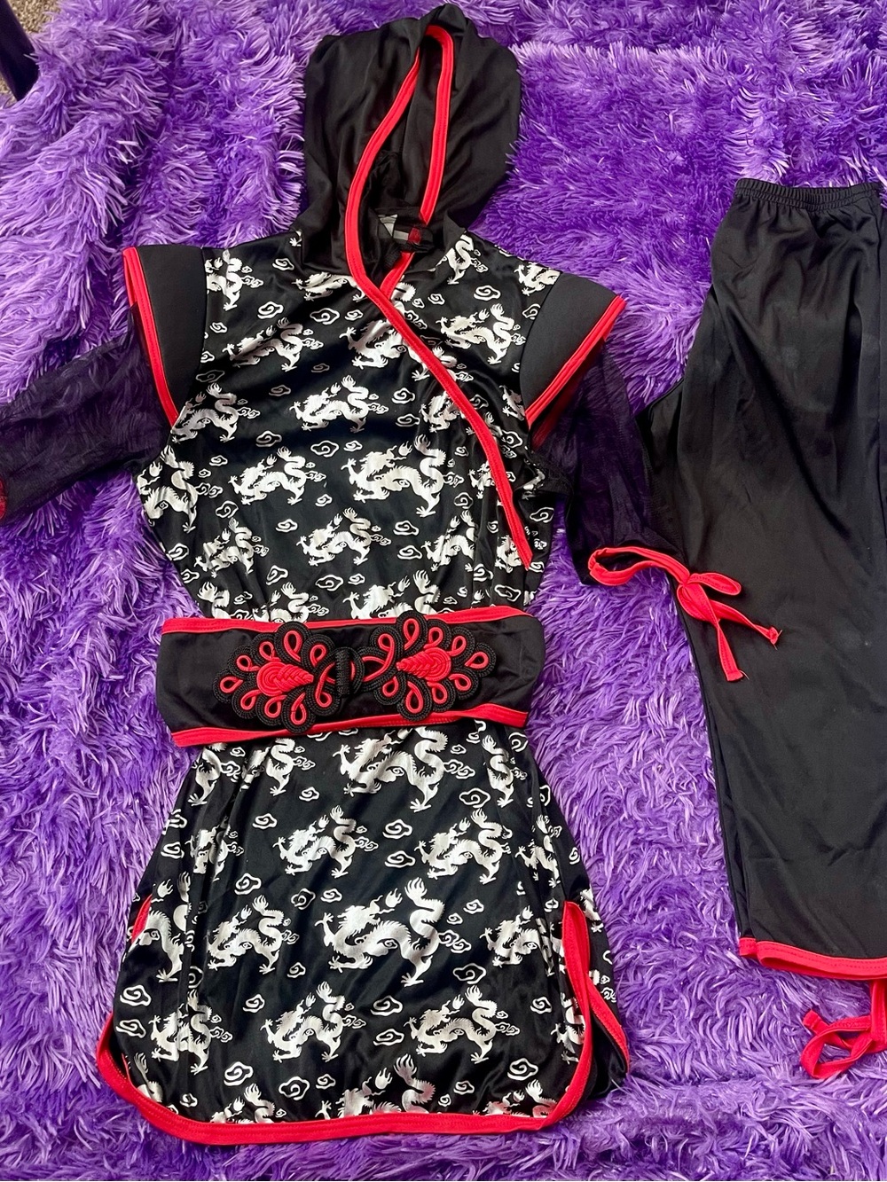 Girls Black & White Dragon Print costume with Red Trim